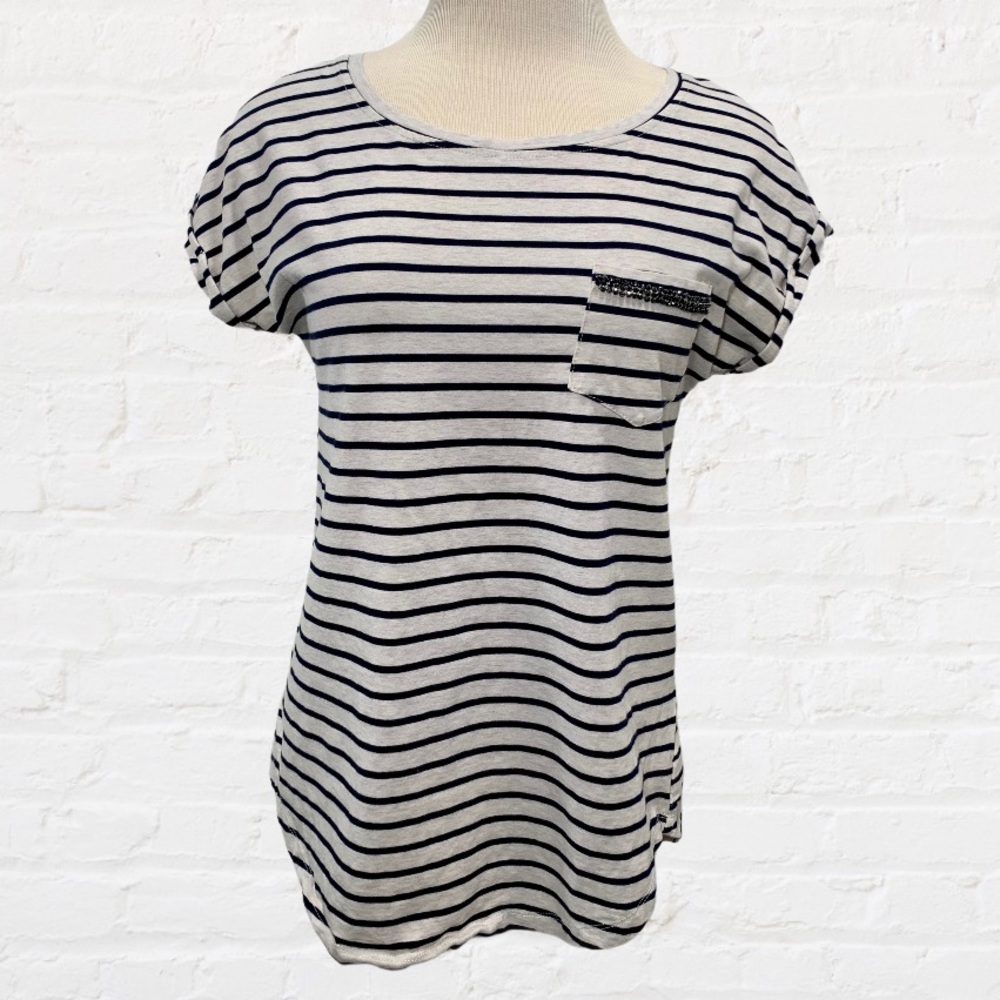 FREEWAY Beige & Navy Stripe Bling Pocket Tee M